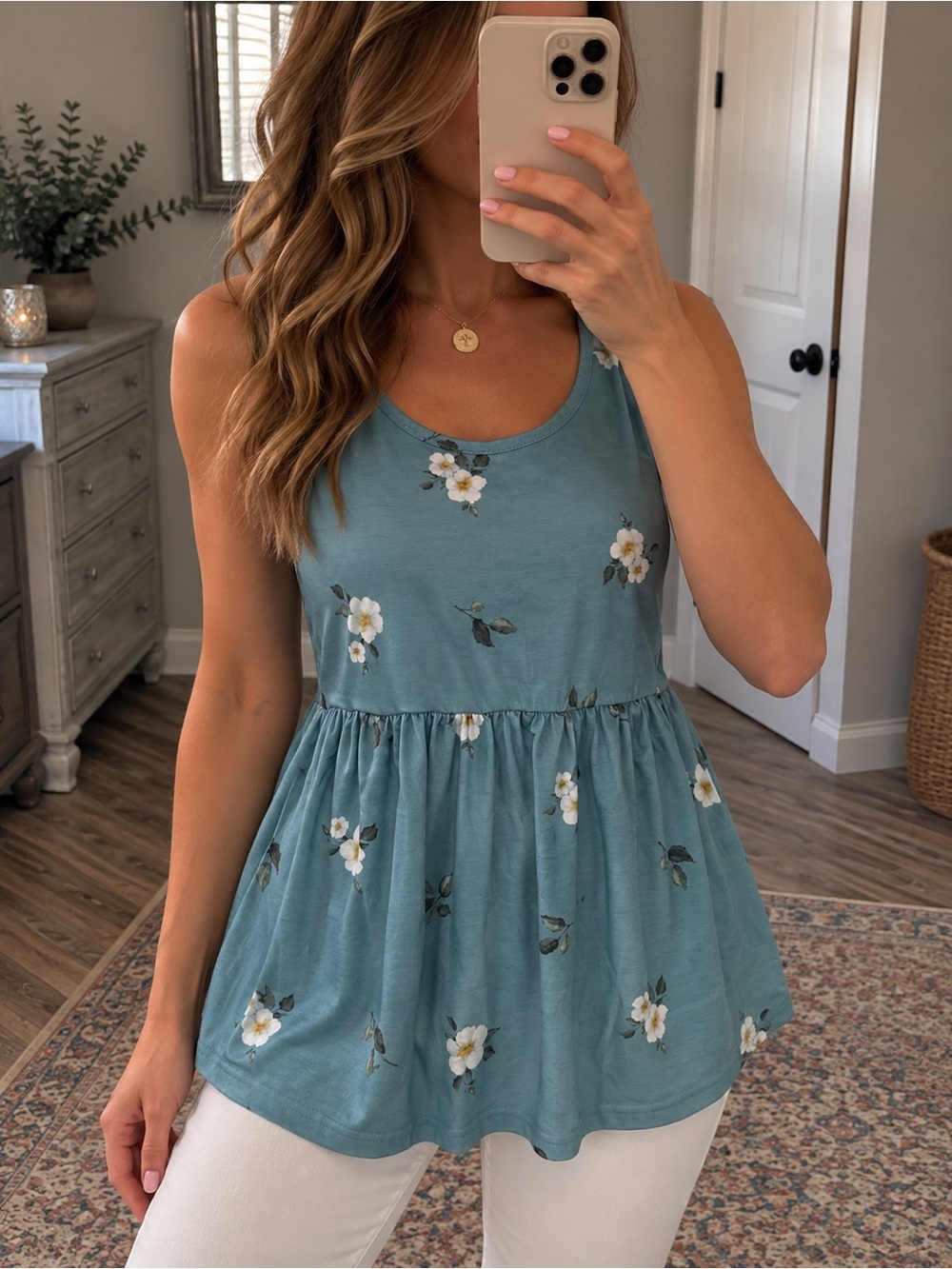 Emery Rose Floral Babydoll Top Women’s Large Blue Sleeveless Peplum